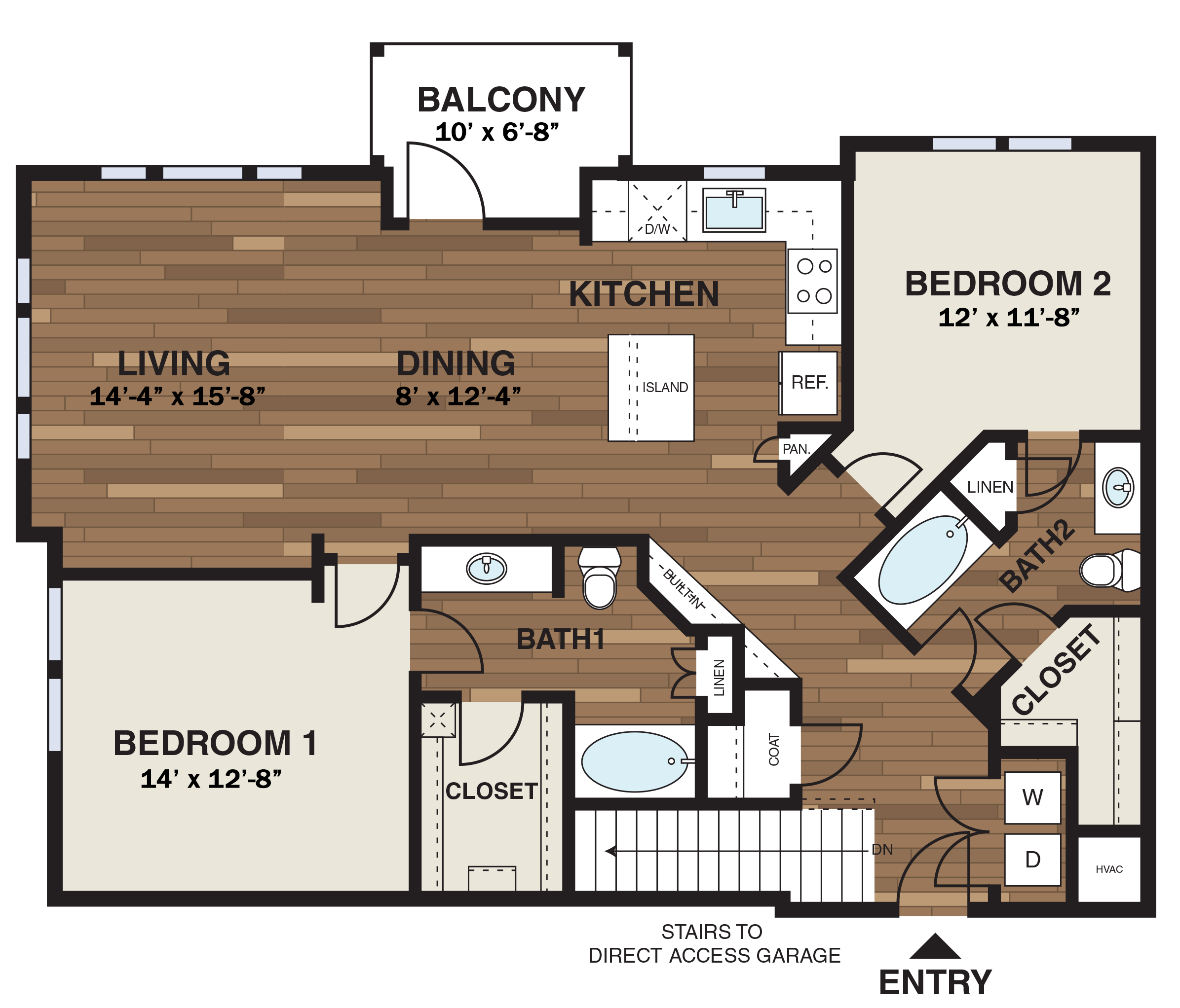 Floor plan for 2 beds, 2 baths, 1301 sqft